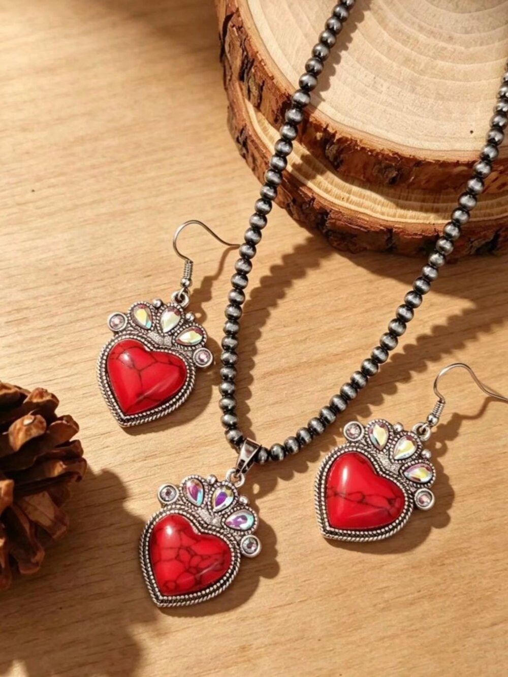Bohemian Style faux red turquoise Heart-Shaped Beaded Necklace And Earrings set